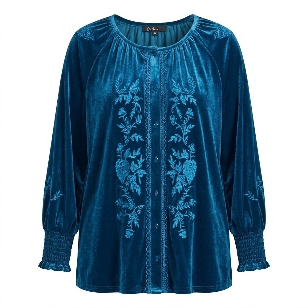 NEW Calessa Womens 1X Teal‎ Blue Velvet Floral Embroidered Boho Top Smocked Cuff